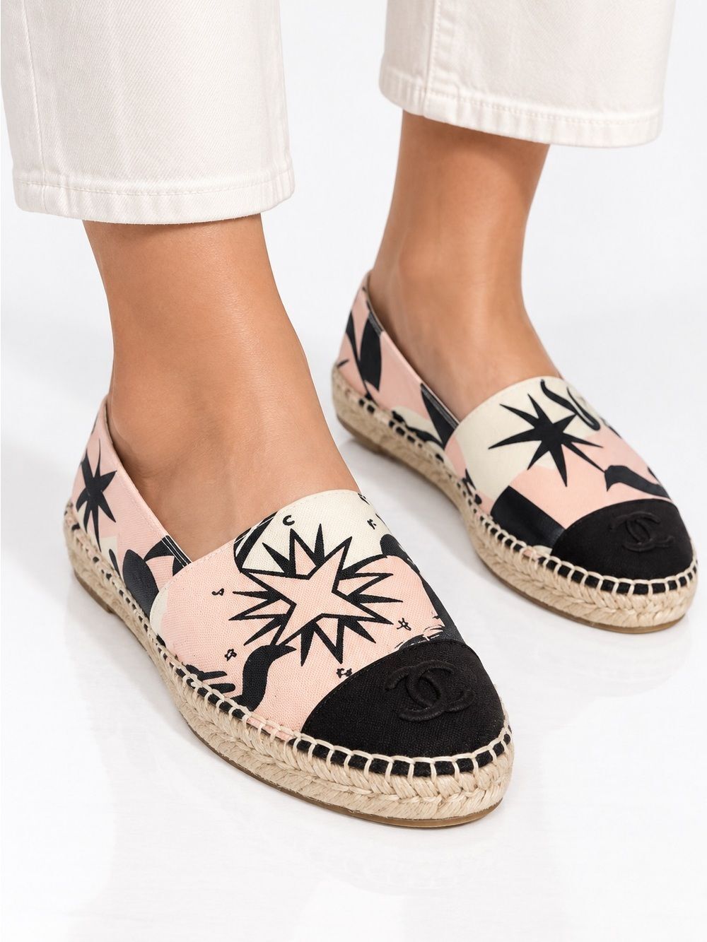CHANEL La Pausa Ecru Star Print Canvas Cap Toe CC Logo Espadrilles Size …